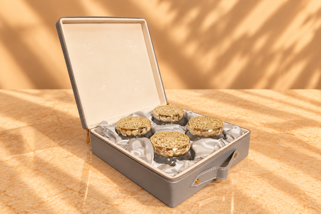 Imperial Grey Faux Leather Festive Box with 4 Premium Glass Jars