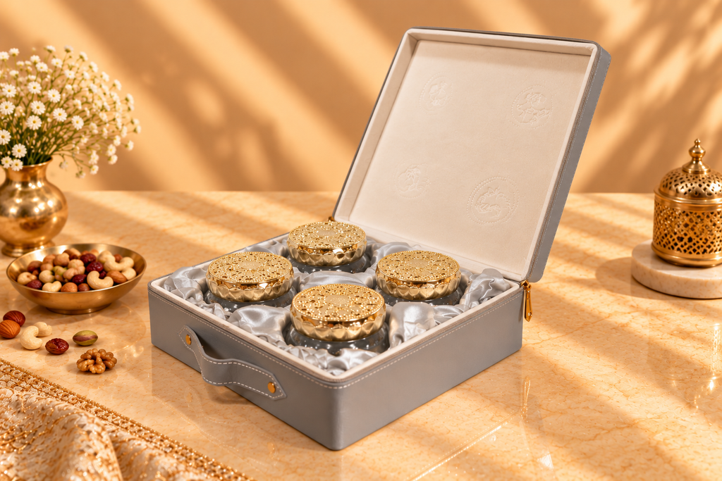 Imperial Grey Faux Leather Festive Box with 4 Premium Glass Jars