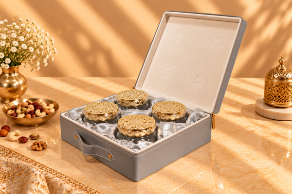 Imperial Grey Faux Leather Dry Fruit Box | 600-800g Assorted Dry Fruits, 4 jars | Diwali & Corporate Gifting