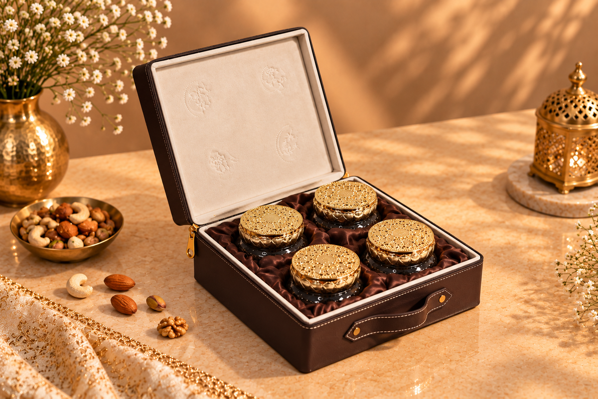 Luxury Chocolate Brown Dry Fruit Box with 4 Golden Filigree Jars