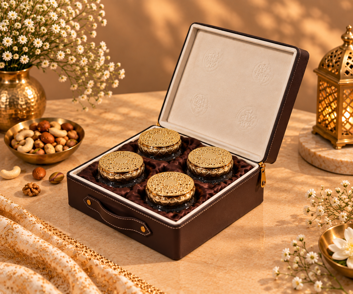 Luxury Chocolate Brown Dry Fruit Box with 4 Golden Filigree Jars