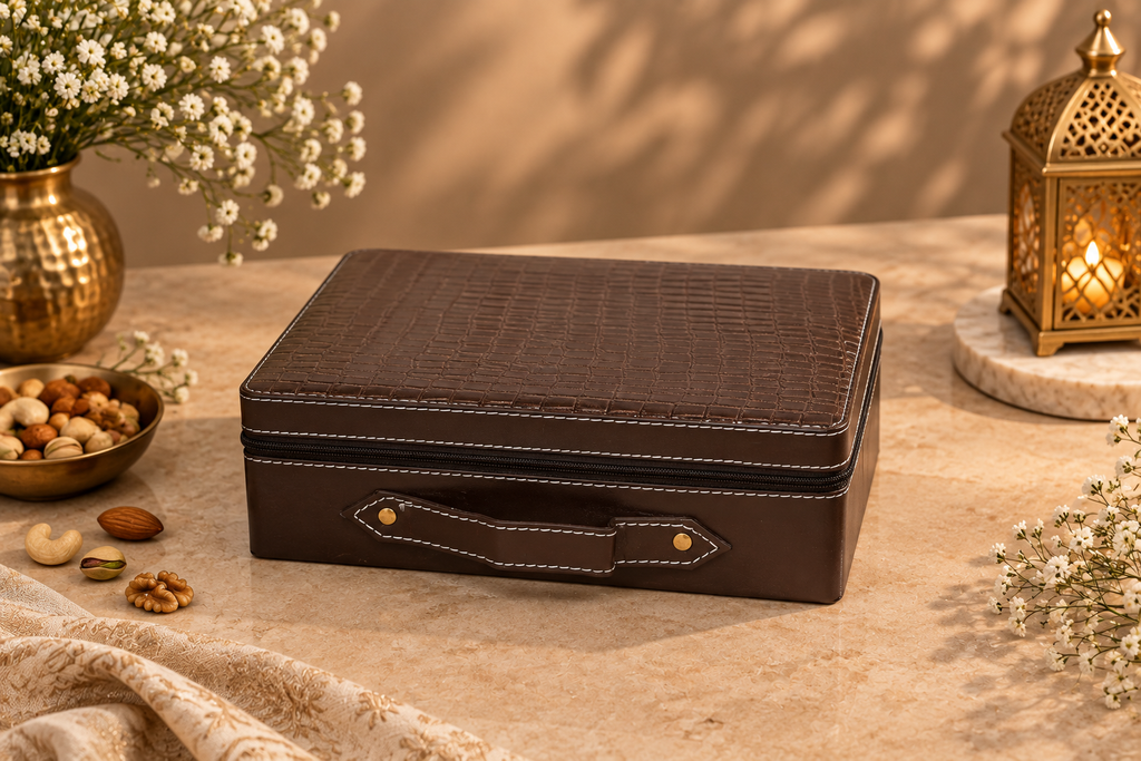 Luxury Chocolate Brown Dry Fruit Box with 4 Golden Filigree Jars