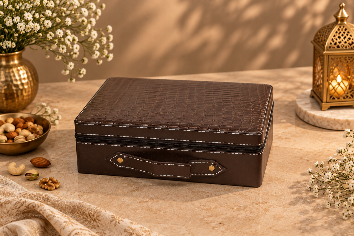 Luxury Chocolate Brown Dry Fruit Box with 4 Golden Filigree Jars