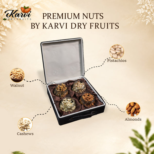 Luxury Chocolate Brown Dry Fruit Box | 600-800g Assorted Dry Fruits, 4 Jars | Diwali & Corporate Gift Hamper