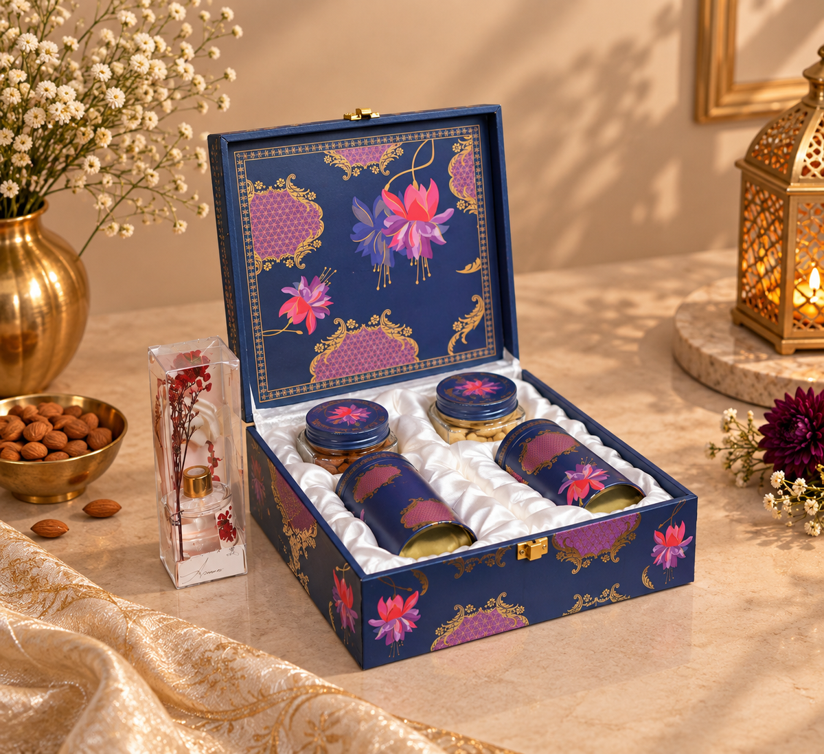 Midnight Blue Lotus Gift Box with 2 Tin Caddies, 2 Jars & Fragrance Bottle