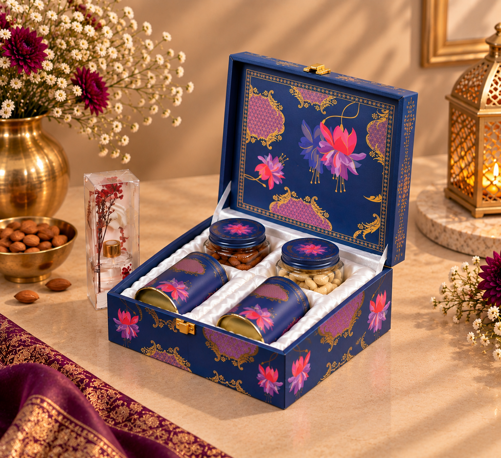 Midnight Blue Lotus Gift Box with 2 Tin Caddies, 2 Jars & Fragrance Bottle