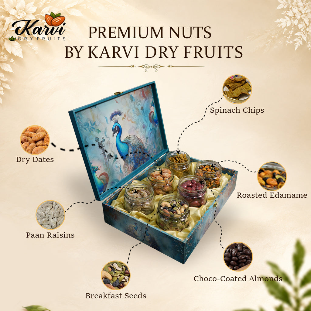Peacock Royale Fancy Dry Fruit Gift Box | 1000-1200g Assorted Dry Fruits, 6 Glass Jars | Diwali & Festive Gift Hamper
