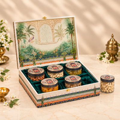 Pichwai Heritage Deluxe Dry Fruit Gift Box | 1000-1200g Assorted Dry Fruits, 6 Glass Jars | Diwali & Wedding Gift Hamper