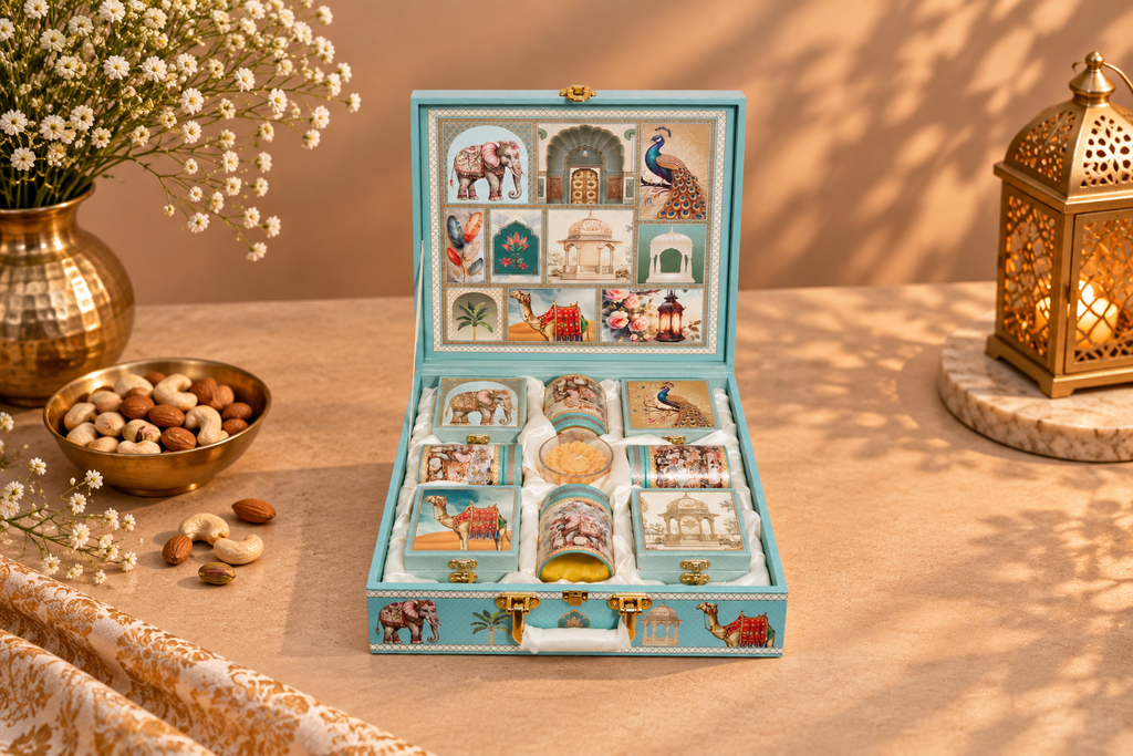Powder Blue Indian Heritage Gift Box with 4 Square Boxes, 4 Tin Caddies & Candle