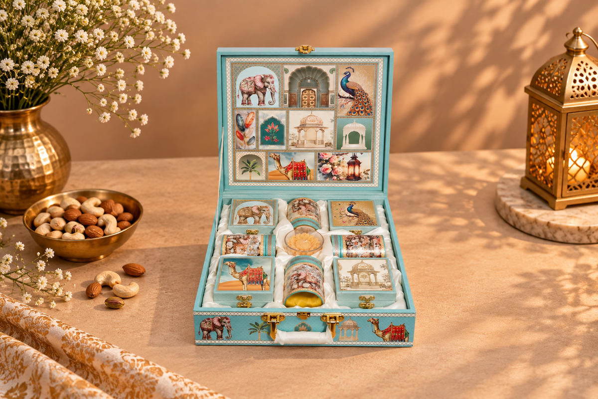 Powder Blue Indian Heritage Gift Box with 4 Square Boxes, 4 Tin Caddies & Candle