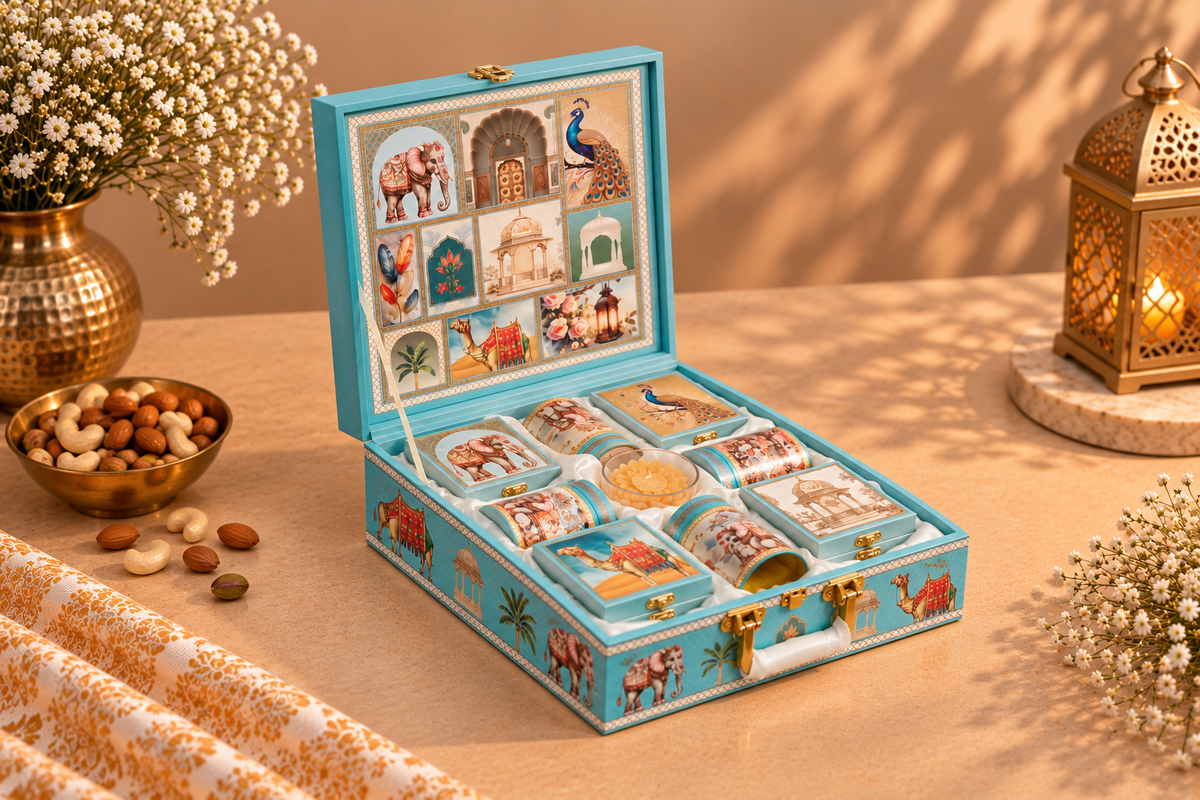 Powder Blue Indian Heritage Gift Box with 4 Square Boxes, 4 Tin Caddies & Candle