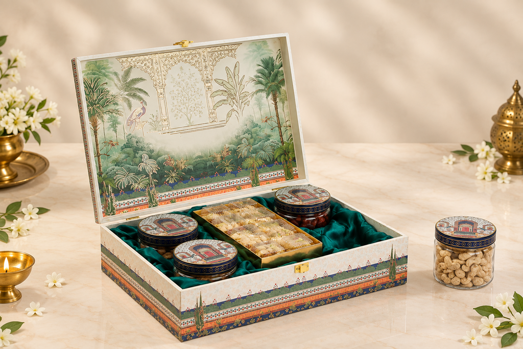 Premium Pichwai Heritage Dry Fruit Gift Box with 4 Glass Jars & 8-Cavity Tray