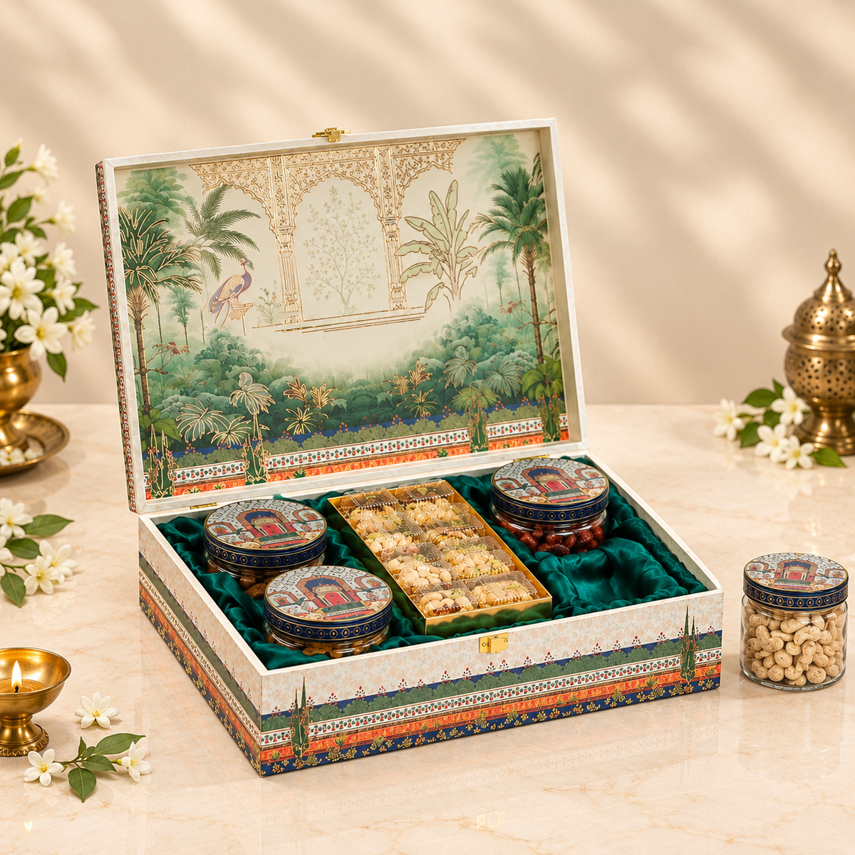 Premium Pichwai Heritage Dry Fruit Gift Box with 4 Glass Jars & 8-Cavity Tray