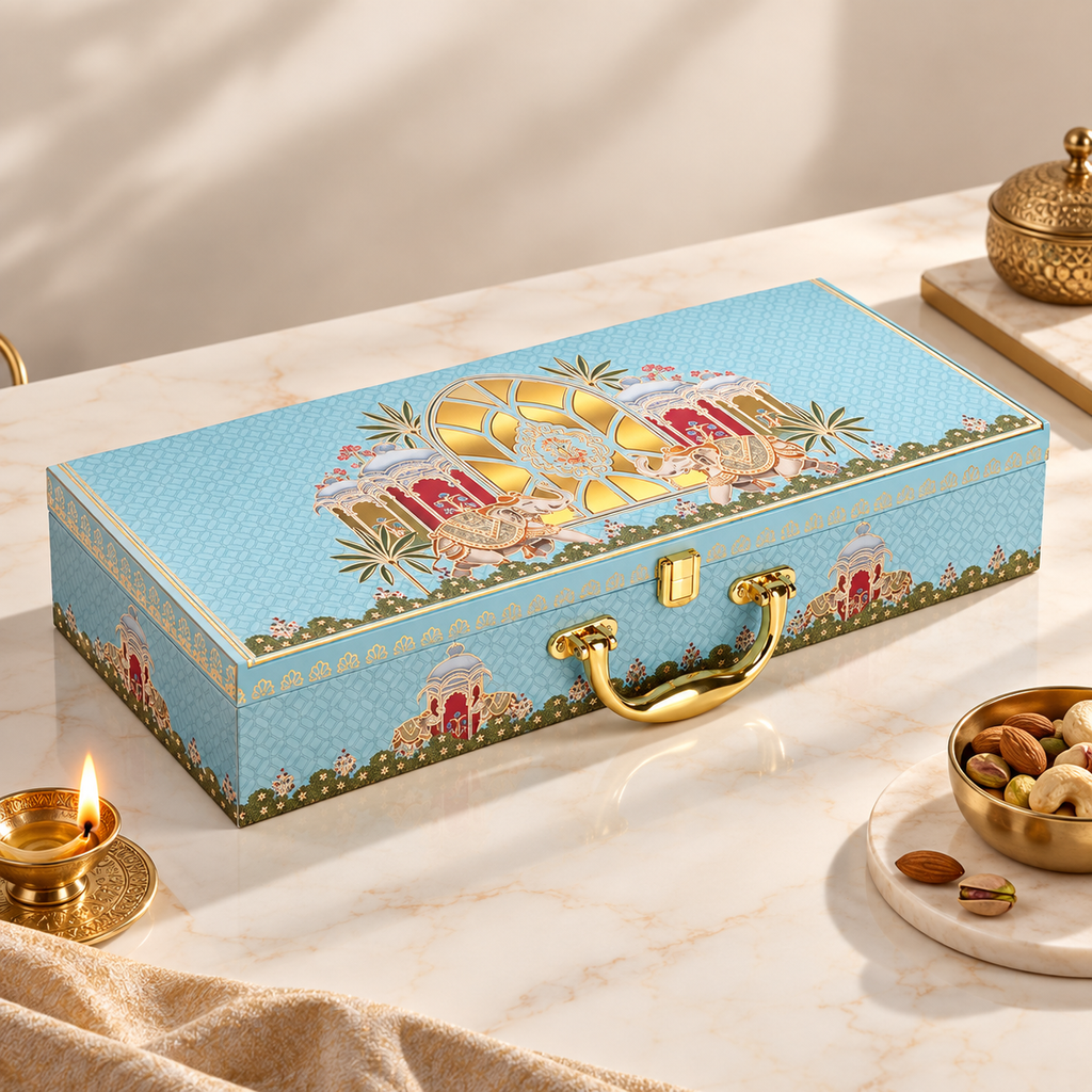 Regal Sky Blue Dry Fruit Gift Box with 5 Glass Cylinder Jars