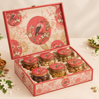 Royal Bird & Floral Red Dry Fruit Gift Box with 6 Glass Jars