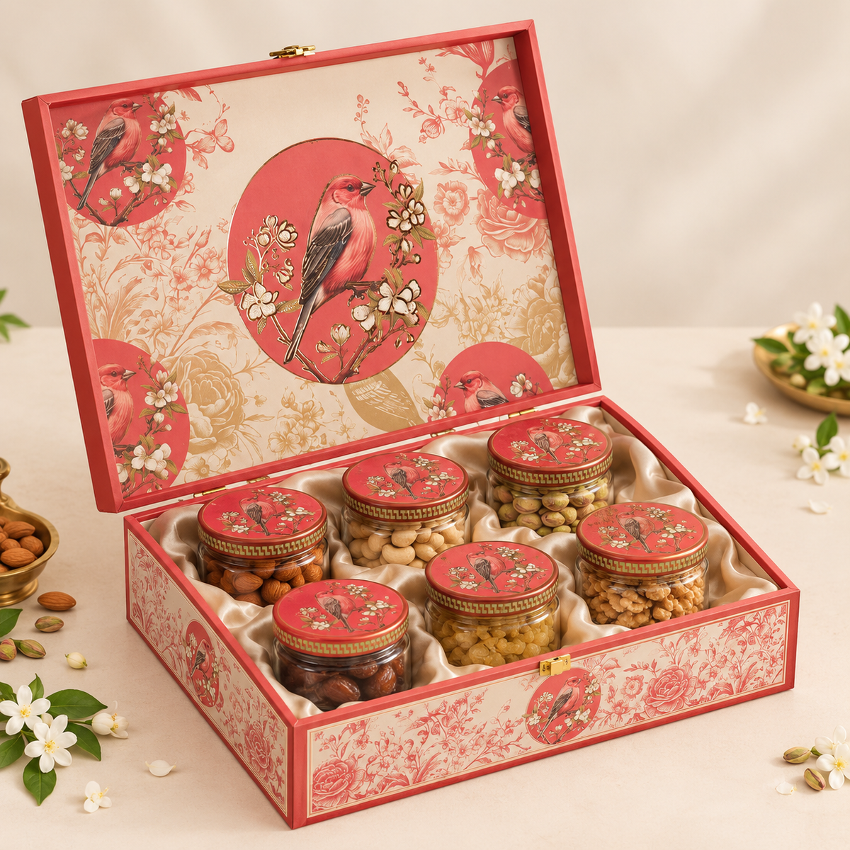 Royal Bird & Floral Red Dry Fruit Gift Box with 6 Glass Jars