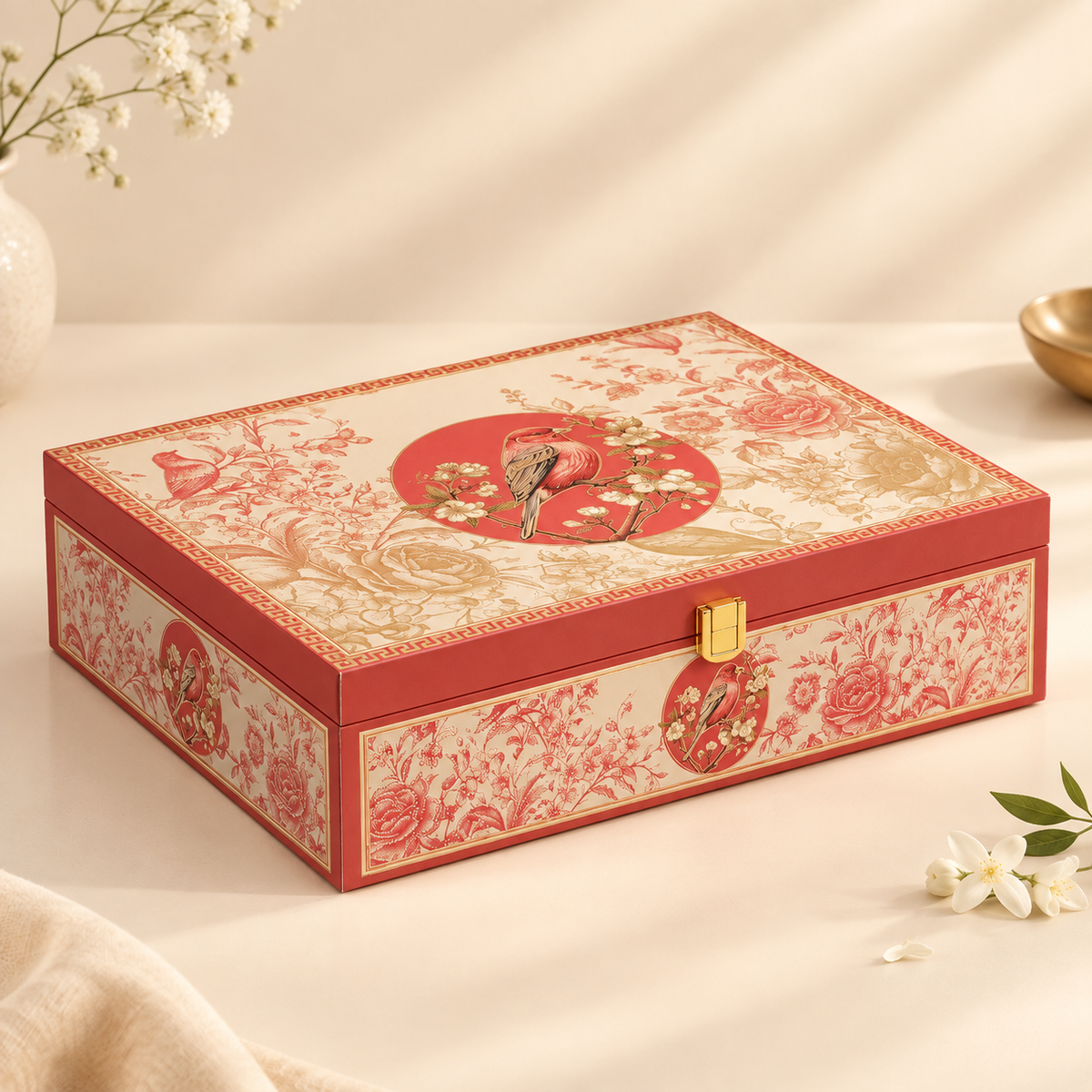 Royal Bird & Floral Red Dry Fruit Gift Box with 6 Glass Jars