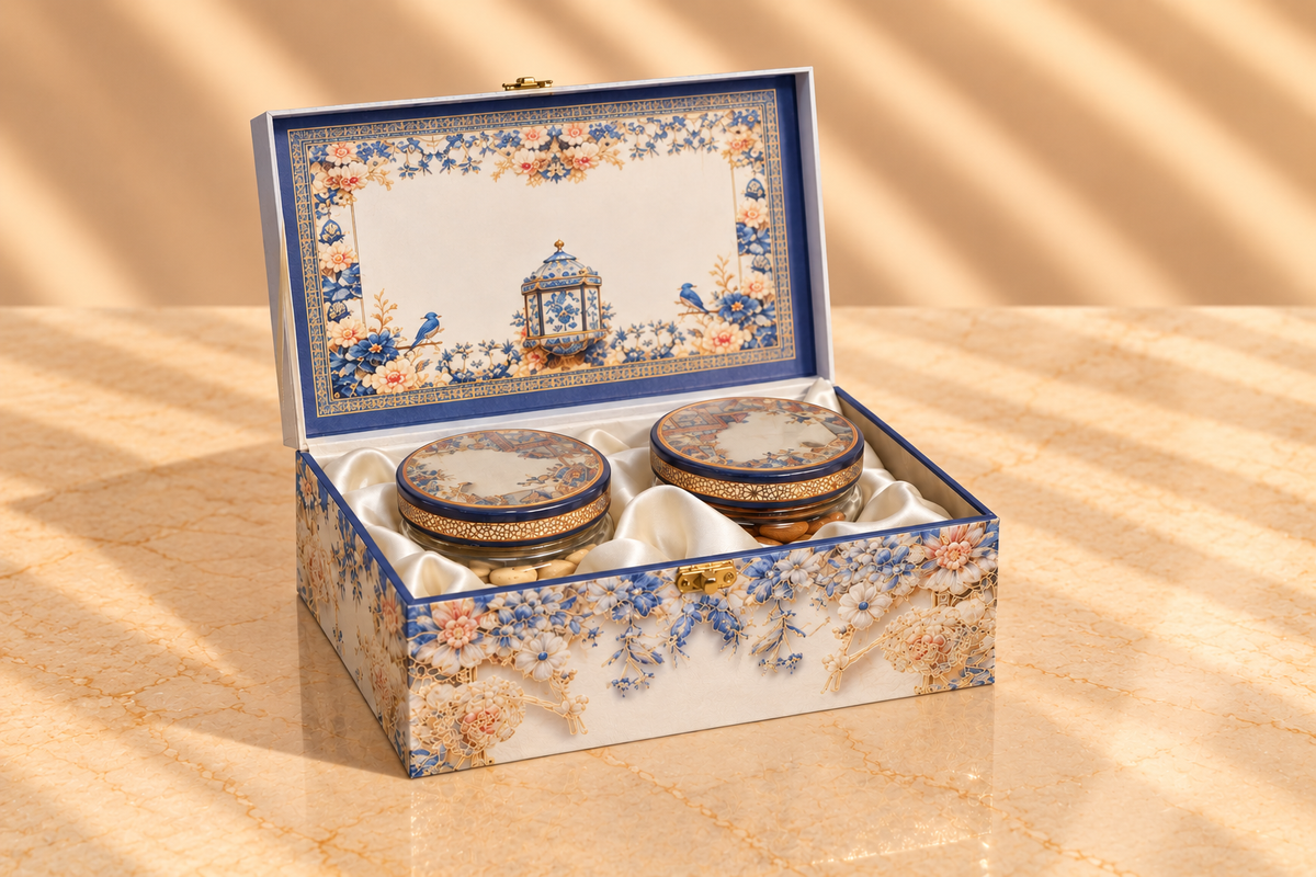 Royal Blue Heritage Dry Fruit Gift Box with 2 Printed Glass Jars