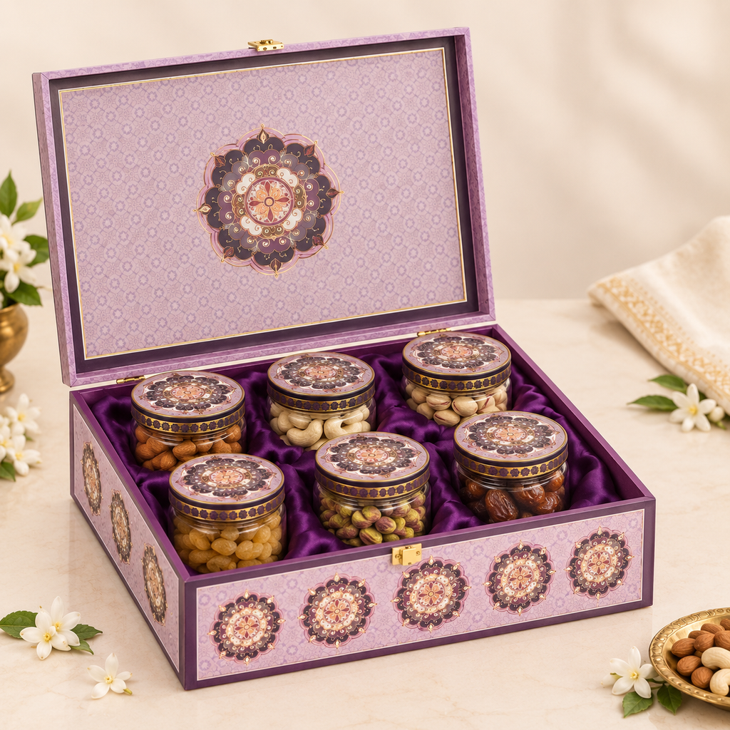 Royal Floral Purple Dry Fruit Gift Box with 6 Glass Jars