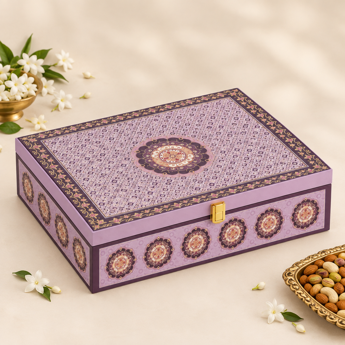 Royal Floral Purple Dry Fruit Gift Box with 6 Glass Jars