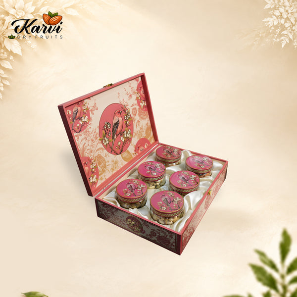 Royal Bird & Floral Red Dry Fruit Gift Box | 1000-1200g Assorted Dry Fruits, 6 Glass Jars | Diwali & Rakhi Gift Hamper