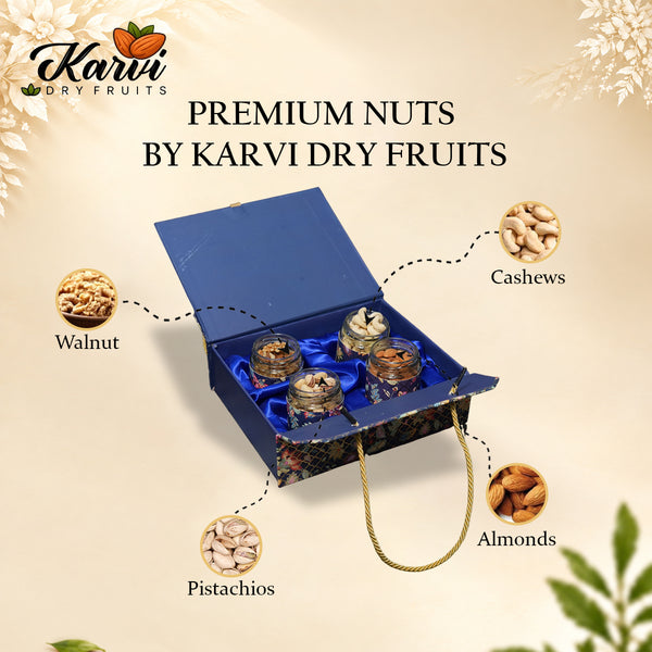 Royal Blue Floral Gift Box | 300-600g Assorted Dry Fruits, 4 Jars | Diwali & Festive Gift hamper