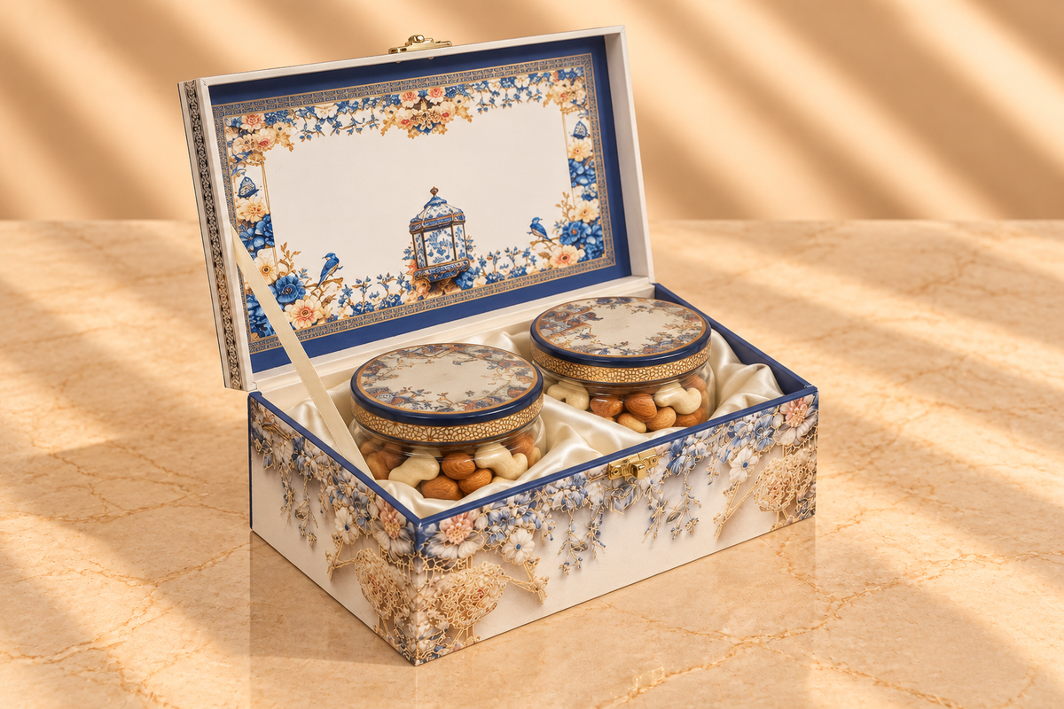Royal Blue Heritage Dry Fruit Gift Box with 2 Printed Glass Jars