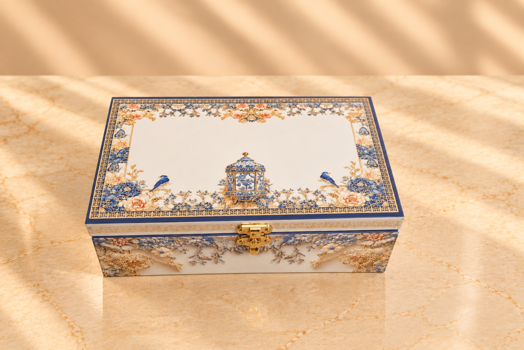 Royal Blue Heritage Dry Fruit Gift Box with 2 Printed Glass Jars
