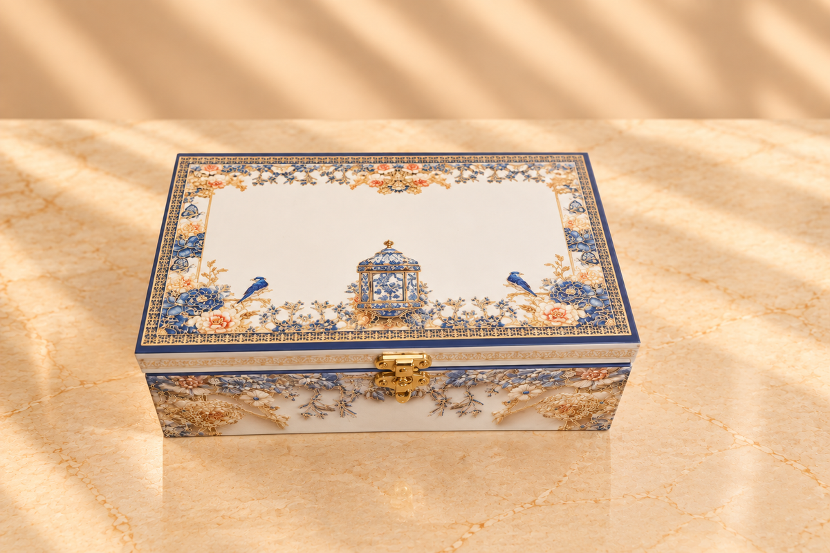 Royal Blue Heritage Dry Fruit Gift Box with 2 Printed Glass Jars