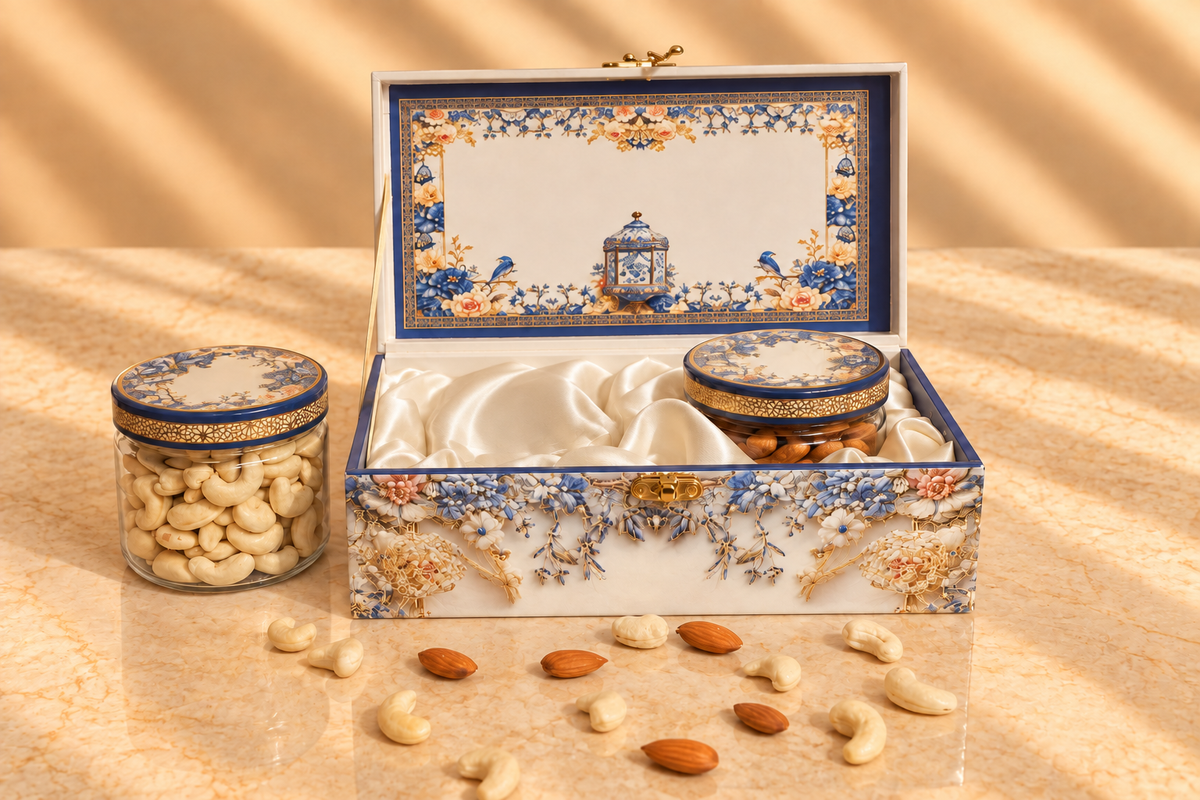 Royal Blue Heritage Dry Fruit Gift Box with 2 Printed Glass Jars