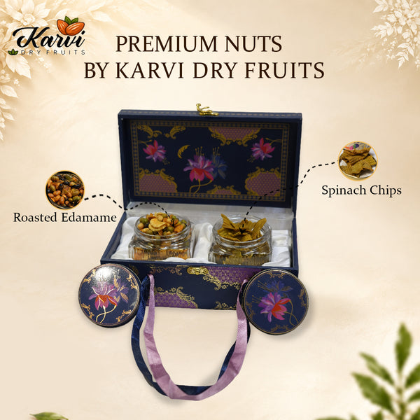 Royal Blue Lotus Heritage Dry Fruit Gift Box | 400-600g, 2 Printed Glass Jars | Weddings and Corporate Gifting