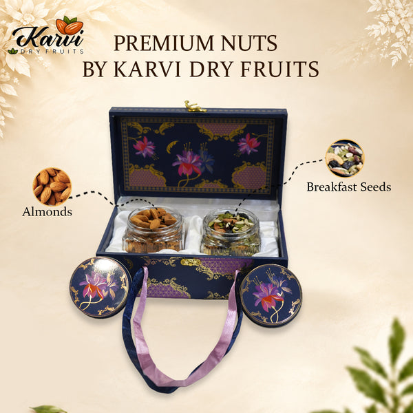 Royal Blue Lotus Heritage Dry Fruit Gift Box | 400-600g, 2 Printed Glass Jars | Weddings and Corporate Gifting