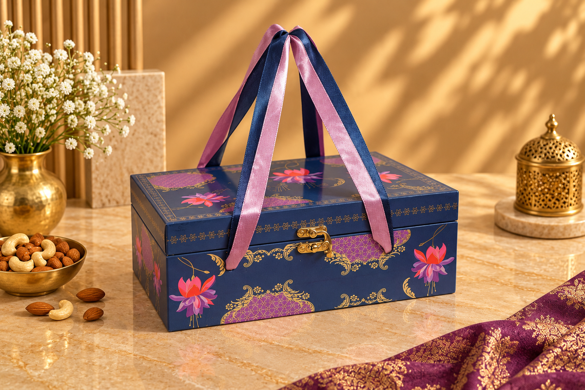 Royal Blue Lotus Heritage Dry Fruit Gift Box with 2 Printed Glass Jars