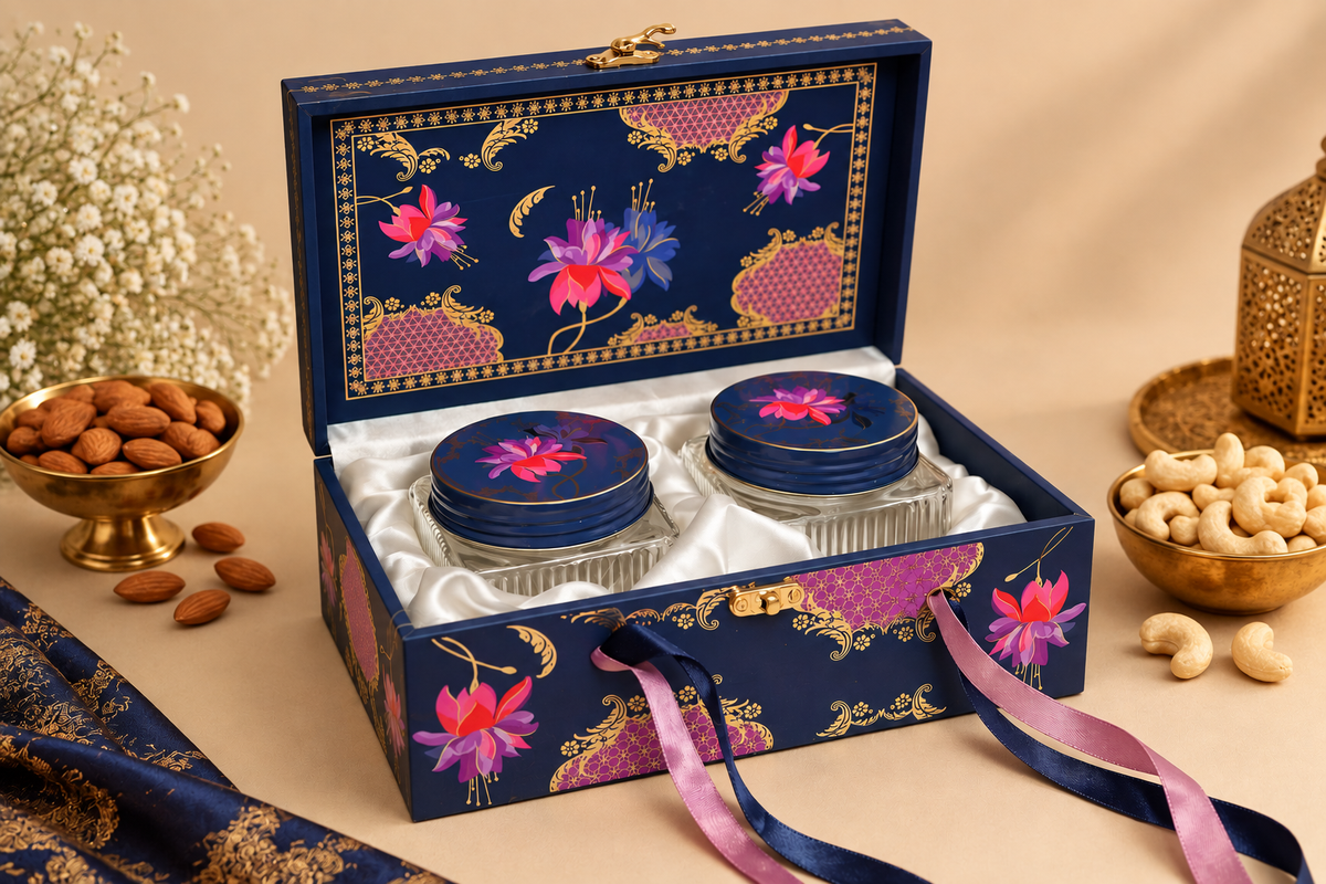 Royal Blue Lotus Heritage Dry Fruit Gift Box with 2 Printed Glass Jars