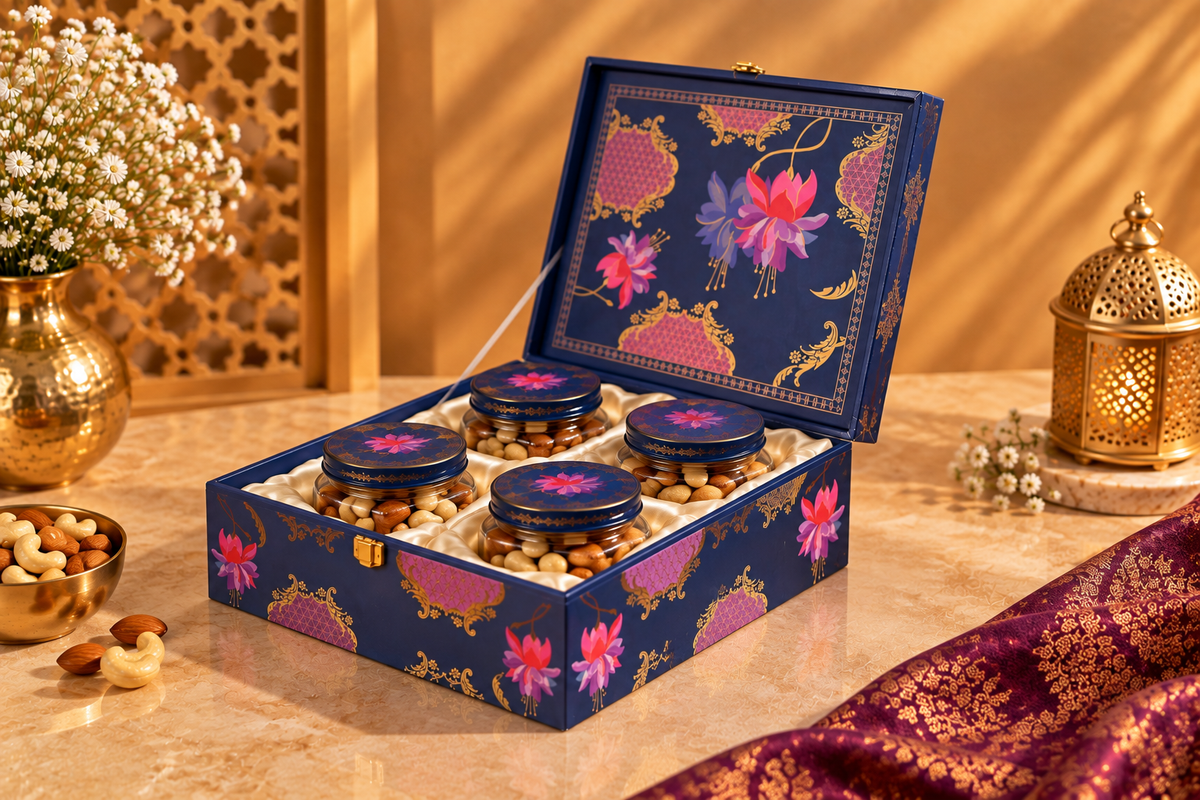 Royal Blue Lotus Heritage Dry Fruit Gift Box with 4 Printed Glass Jars