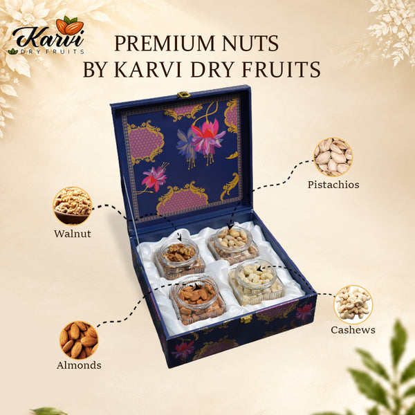 Royal Blue Lotus Heritage Dry Fruit Gift Box | 600-800g Assorted Dry Fruits, 4 Jars | Diwali & Wedding Gift Hamper