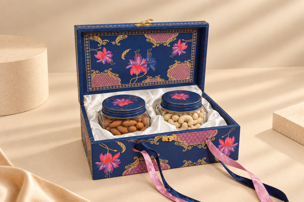 Royal Blue Lotus Heritage Dry Fruit Gift Box | 400-600g, 2 Printed Glass Jars | Weddings and Corporate Gifting