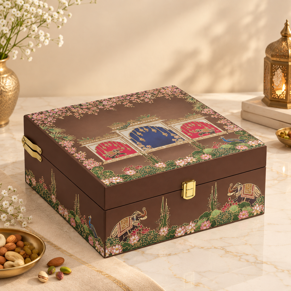 Royal Heritage Brown Hamper Box with 4 Printed Glass Jars