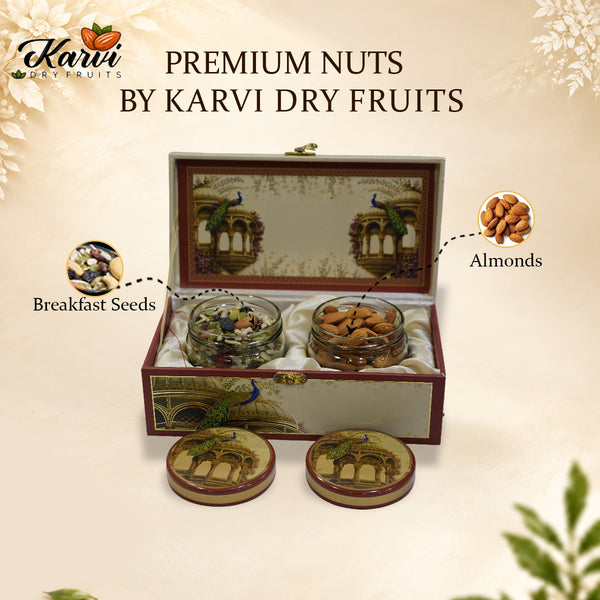 Royal Peacock Haveli Gift Box | 400-600g Assorted Dry Fruits, 2 Jars | Wedding & Special Occasions