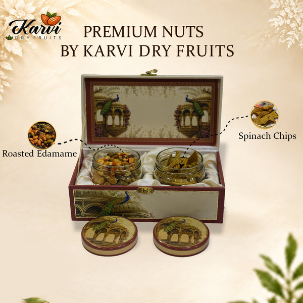 Royal Peacock Haveli Gift Box | 400-600g Assorted Dry Fruits, 2 Jars | Wedding & Special Occasions
