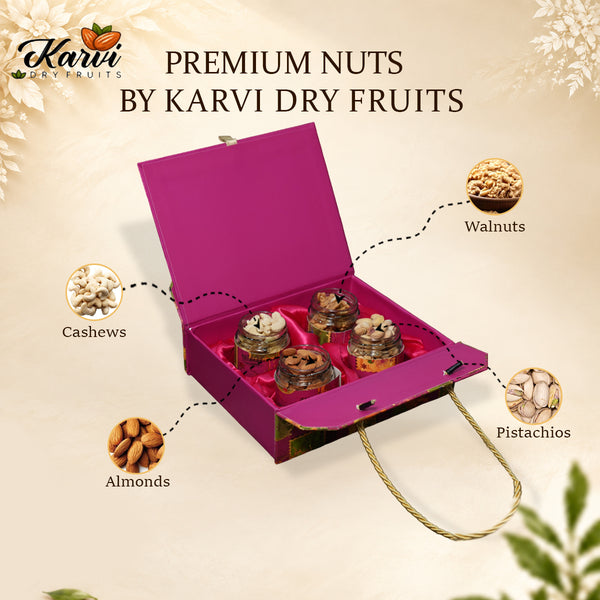 Royal Pink Heritage Luxury Gift Box | 300-600g Assorted Dry Fruits, 4 Jars | Wedding & Corporate Gifiting