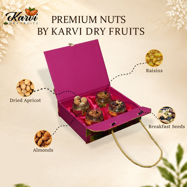 Royal Pink Heritage Luxury Gift Box | 300-600g Assorted Dry Fruits, 4 Jars | Wedding & Corporate Gifiting