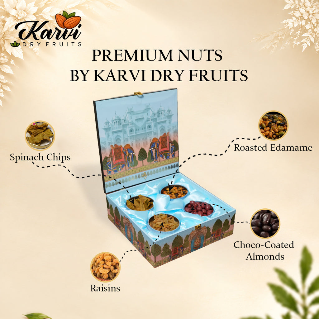 Sky Blue Heritage Hamper Box with 4 Matki Tins | 600-800g Assorted Dry Fruits | Diwali & Wedding Gift Hamper