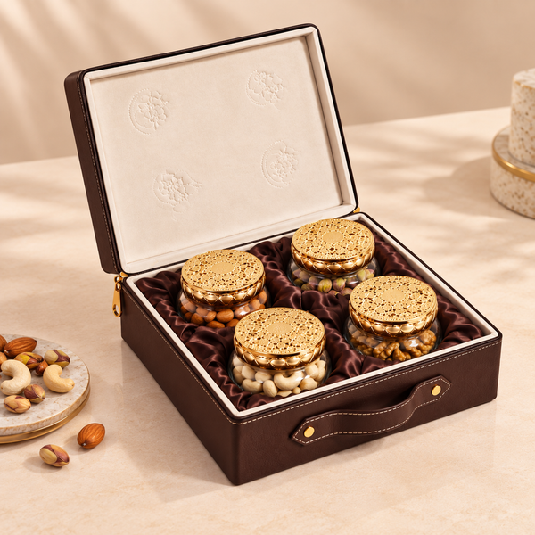 Luxury Chocolate Brown Dry Fruit Box | 600-800g Assorted Dry Fruits, 4 Jars | Diwali & Corporate Gift Hamper