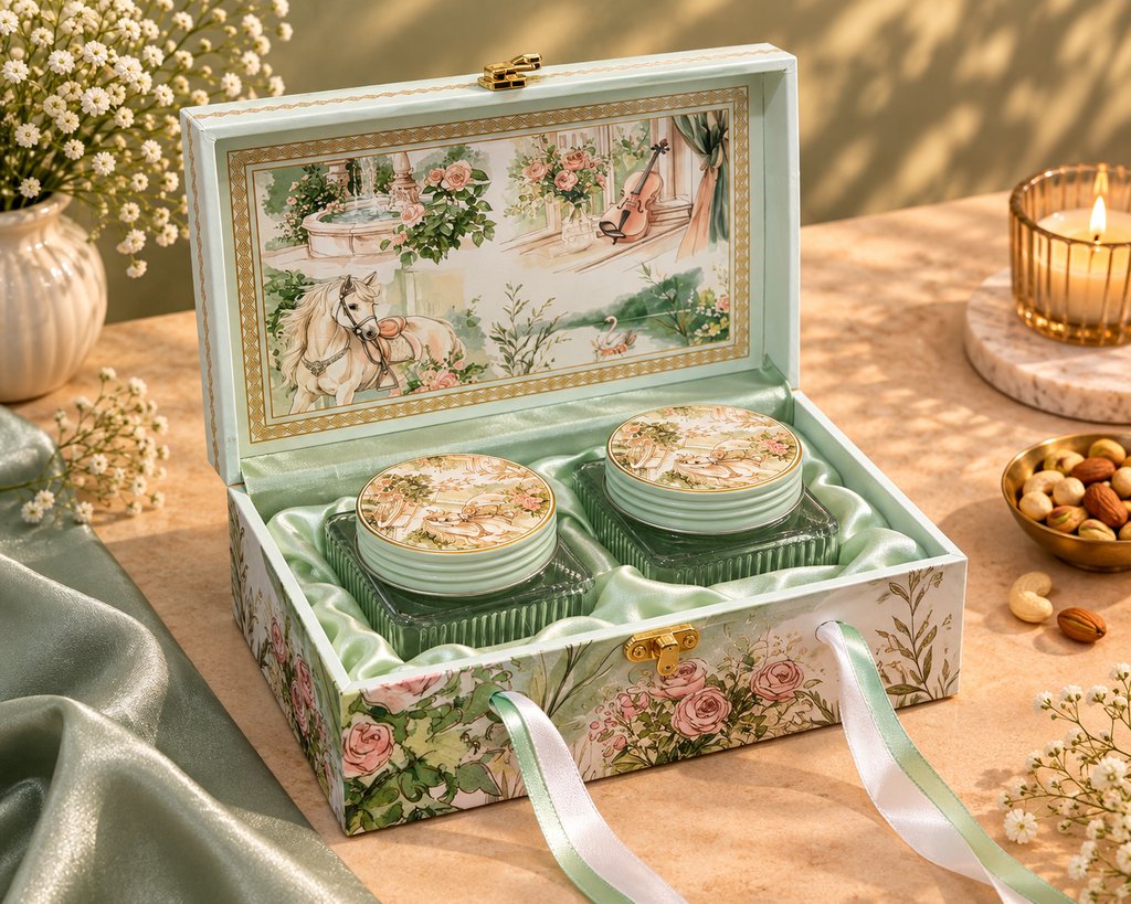 Vintage Pastel Meadow Dry Fruit Gift Box with 2 Printed Glass Jars