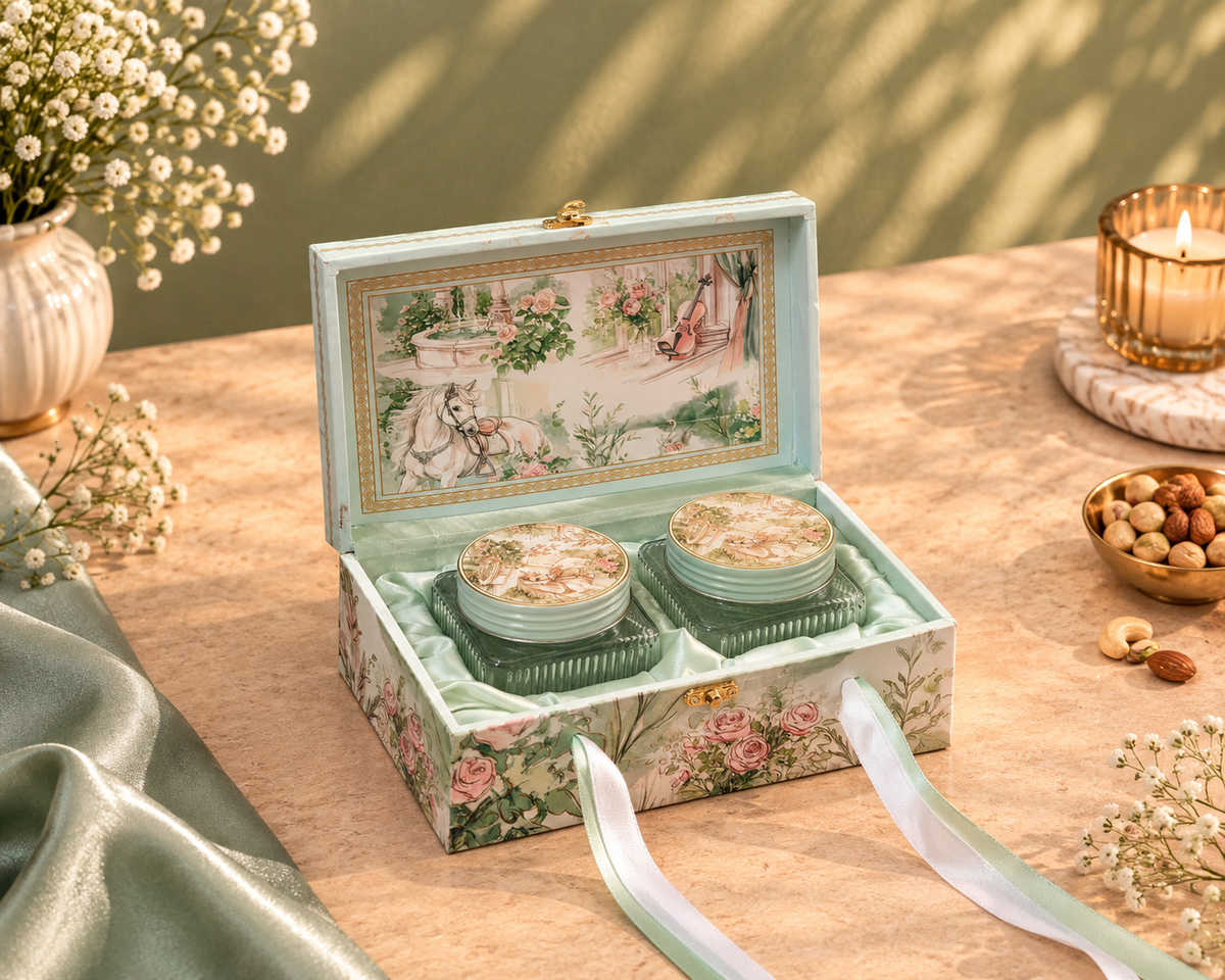 Vintage Pastel Meadow Dry Fruit Gift Box with 2 Printed Glass Jars