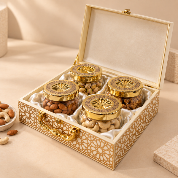 Golden Mosaic Premium Dry Fruit Gift Box | 600-800g Assorted Dry Fruits, 4 Jars | Diwali & Wedding Gift hamper