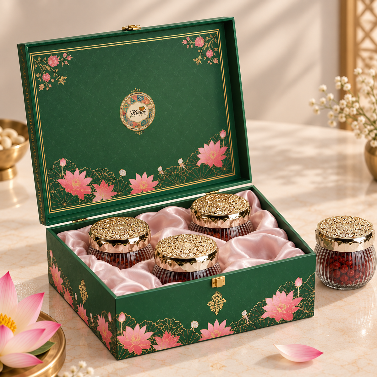 Emerald Lotus Floral Gift Hamper with 4 Diamond Glass Jars