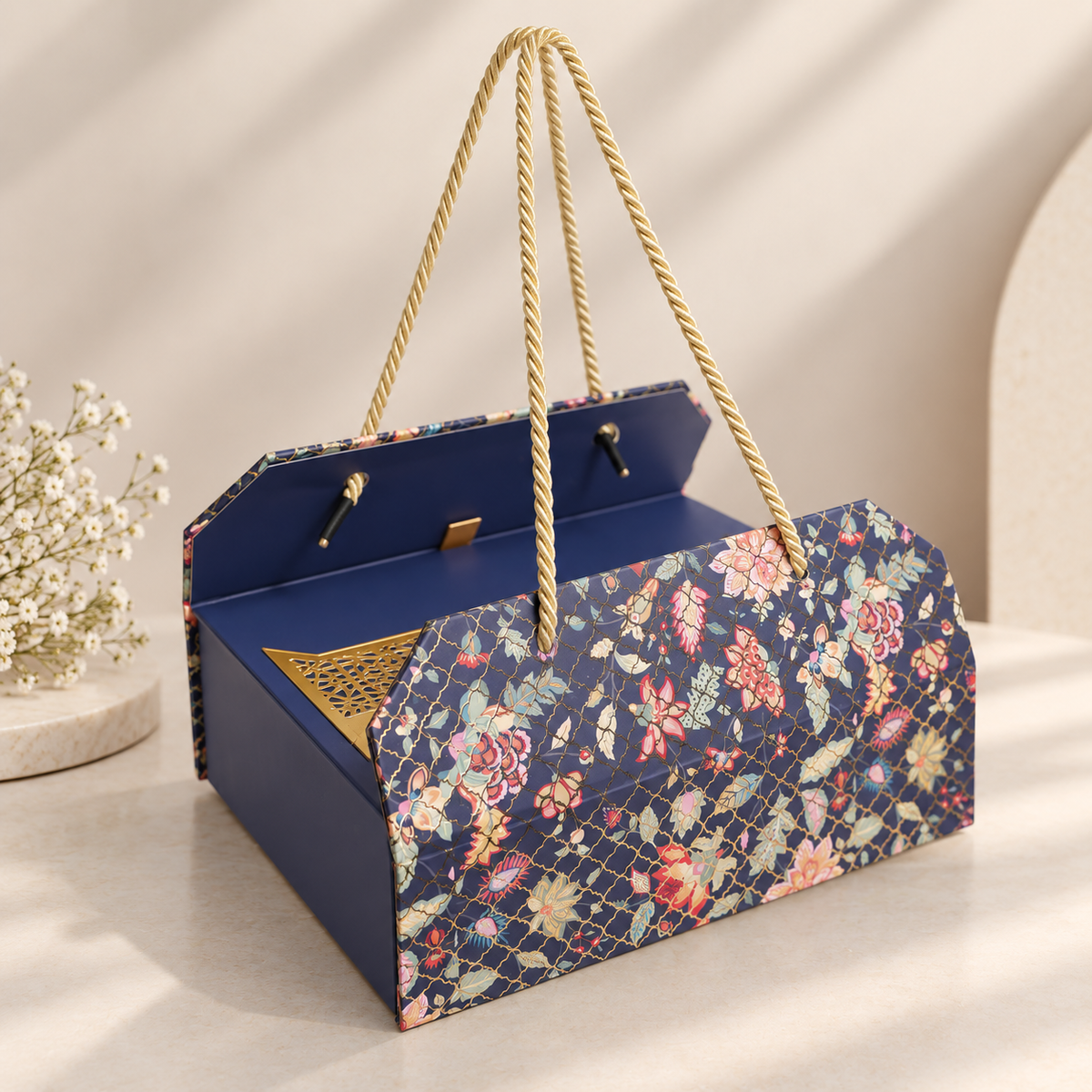 Royal Blue Floral Gift Box with 4 Glass Jars