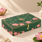 Floral Lotus Print MDF Hamper Box with 4 Glass Jars & 16-Cavity Tray